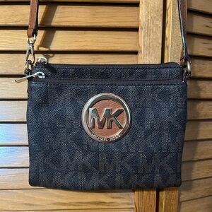 Michael Kors Fulton Small Crossbody Bag Black MK Monogram Brown Trim Logo